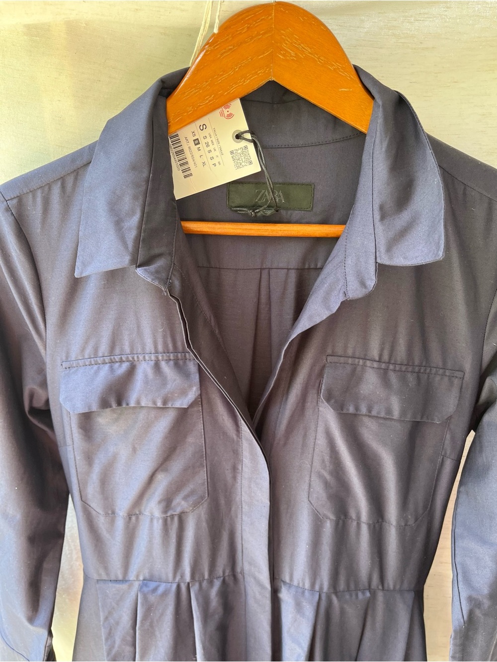 Zara Cotton Poplin Navy Shirt Dress Long Sleeves Turn-Down Collar Pockets Small - Picture 12 of 14